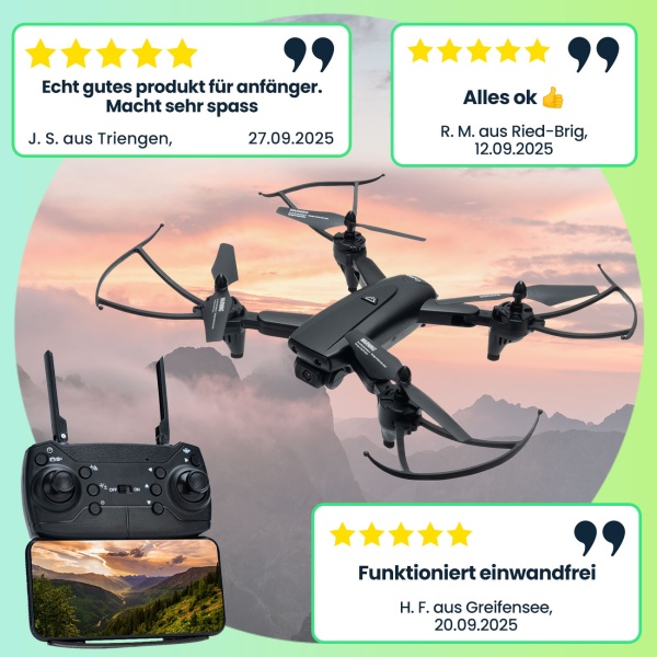 Quadrocopter-Drohne, HD Kamera, FPV, Live View per App, 6 Achsen Gyroskop, faltbar, OpticalFlow, Headless Steuerung, für Erwachsene und Kinder