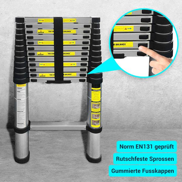 Teleskopleiter, Ausziehbare Leiter bis 2.6 m, Multifunktionsleiter mit 150kg Belastbarkeit, Rutschfeste Aluminium Dachbodenleiter mit rutschfesten Füssen