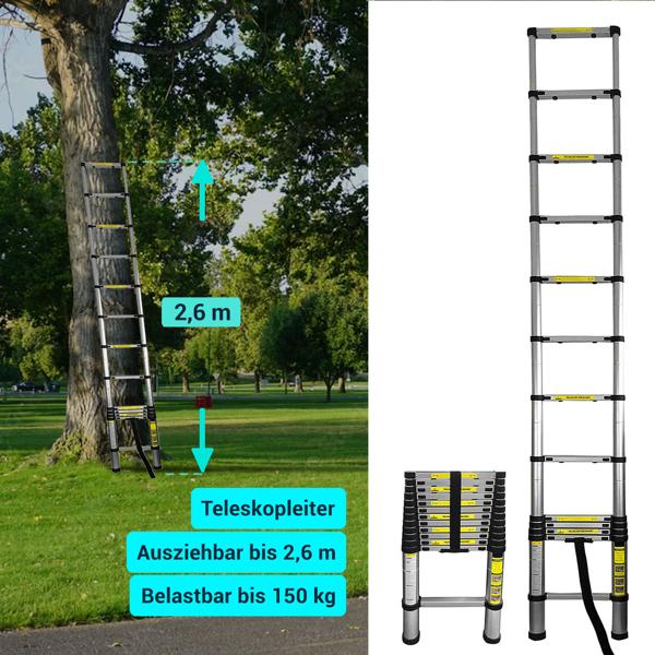 Teleskopleiter, Ausziehbare Leiter bis 2.6 m, Multifunktionsleiter mit 150kg Belastbarkeit, Rutschfeste Aluminium Dachbodenleiter mit rutschfesten Füssen