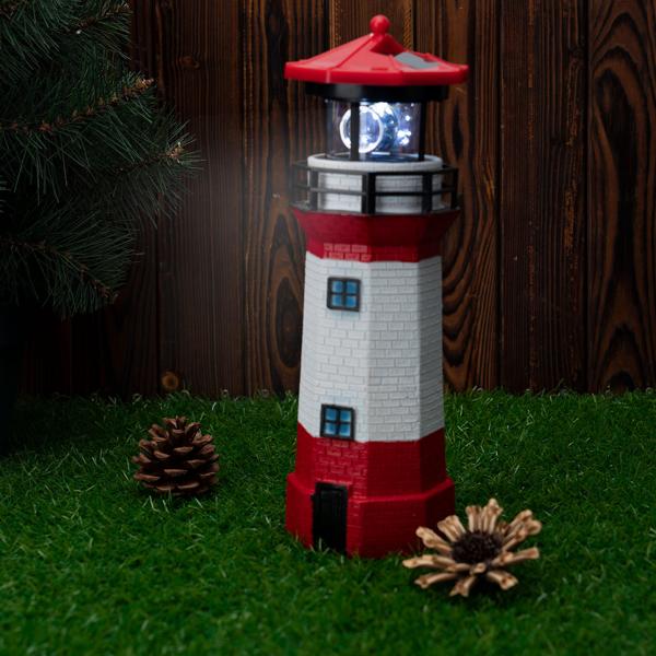Solar-Deko-Leuchtturm mit rotierendem Reflektor: Stimmungsvolle LED-Gartenlaterne (rot-weiss) mit Lichtsensor für maritime Atmosphäre