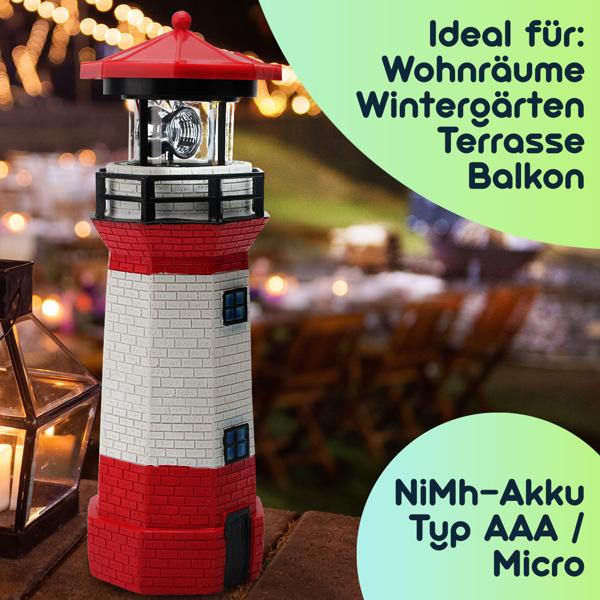 Solar-Deko-Leuchtturm mit rotierendem Reflektor: Stimmungsvolle LED-Gartenlaterne (rot-weiss) mit Lichtsensor für maritime Atmosphäre
