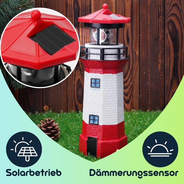 Solar-Deko-Leuchtturm mit rotierendem Reflektor: Stimmungsvolle LED-Gartenlaterne (rot-weiss) mit Lichtsensor für maritime Atmosphäre