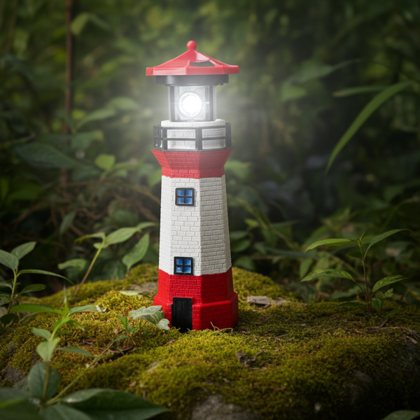 Solar-Deko-Leuchtturm mit rotierendem Reflektor: Stimmungsvolle LED-Gartenlaterne (rot-weiss) mit Lichtsensor für maritime Atmosphäre