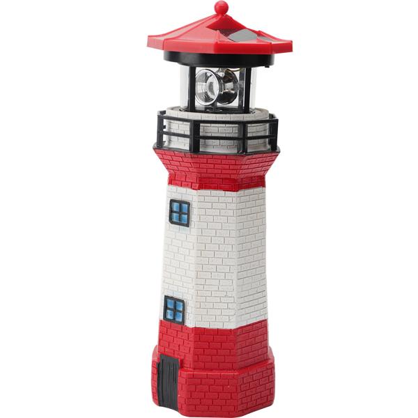 Solar-Deko-Leuchtturm mit rotierendem Reflektor: Stimmungsvolle LED-Gartenlaterne (rot-weiss) mit Lichtsensor für maritime Atmosphäre