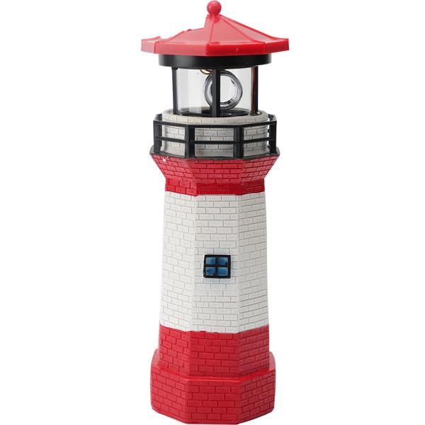 Solar-Deko-Leuchtturm mit rotierendem Reflektor: Stimmungsvolle LED-Gartenlaterne (rot-weiss) mit Lichtsensor für maritime Atmosphäre