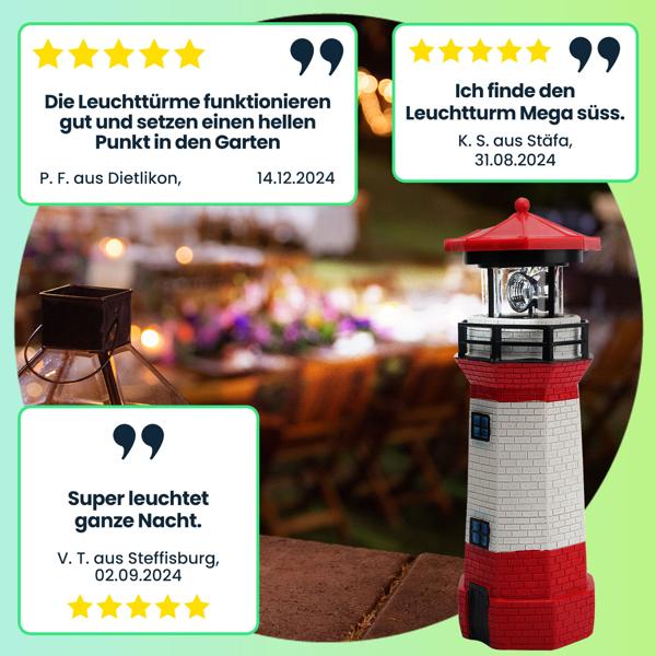 Solar-Deko-Leuchtturm mit rotierendem Reflektor: Stimmungsvolle LED-Gartenlaterne (rot-weiss) mit Lichtsensor für maritime Atmosphäre