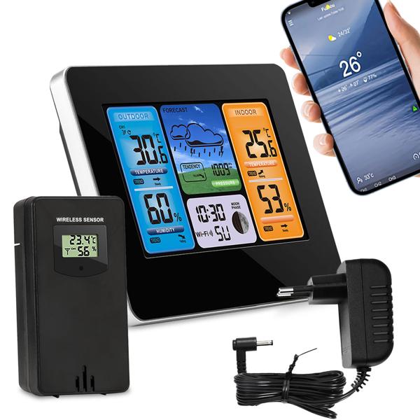 Moderne WLAN Wetterstation, Aussenfühler, Farbdisplay, Uhr, Wettertendenz, Luftfeuchtigkeit. App-Analyse für Wetterhistorie. Präzise Wetterdaten