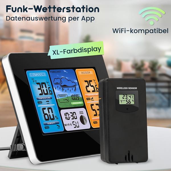 Moderne WLAN Wetterstation, Aussenfühler, Farbdisplay, Uhr, Wettertendenz, Luftfeuchtigkeit. App-Analyse für Wetterhistorie. Präzise Wetterdaten