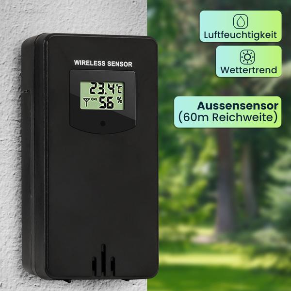 Moderne WLAN Wetterstation, Aussenfühler, Farbdisplay, Uhr, Wettertendenz, Luftfeuchtigkeit. App-Analyse für Wetterhistorie. Präzise Wetterdaten