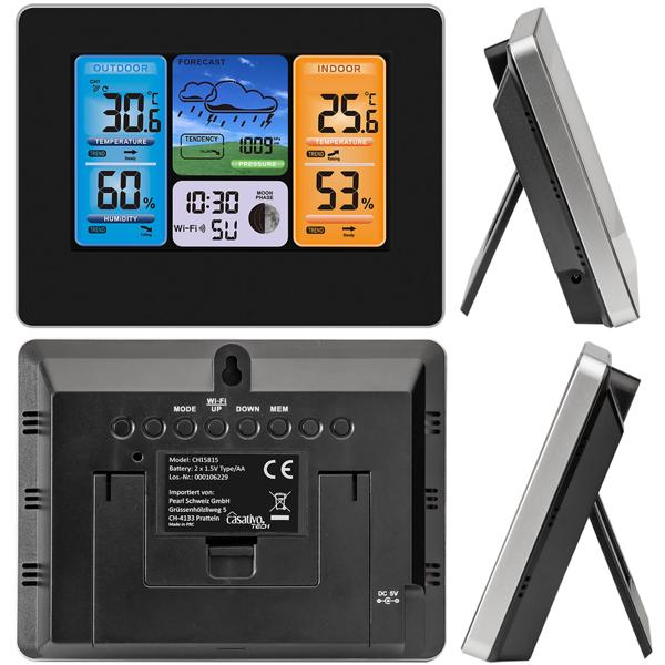 Moderne WLAN Wetterstation, Aussenfühler, Farbdisplay, Uhr, Wettertendenz, Luftfeuchtigkeit. App-Analyse für Wetterhistorie. Präzise Wetterdaten