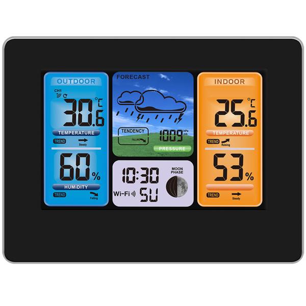 Moderne WLAN Wetterstation, Aussenfühler, Farbdisplay, Uhr, Wettertendenz, Luftfeuchtigkeit. App-Analyse für Wetterhistorie. Präzise Wetterdaten