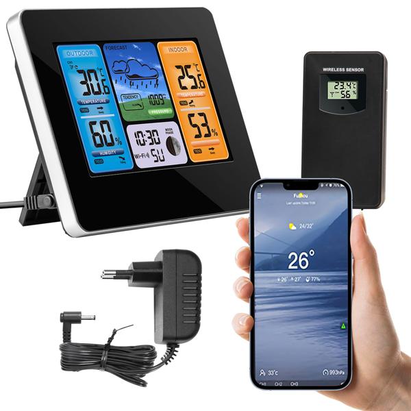 Moderne WLAN Wetterstation, Aussenfühler, Farbdisplay, Uhr, Wettertendenz, Luftfeuchtigkeit. App-Analyse für Wetterhistorie. Präzise Wetterdaten