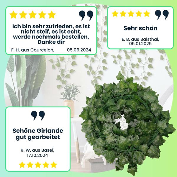 Efeu Deko Girlanden, 24er-Set, Kunstoff und Textilfasern, täuschend echt, jeweils 2,2 m Länge und 81 Blätter zur stilvollen Wanddekoration