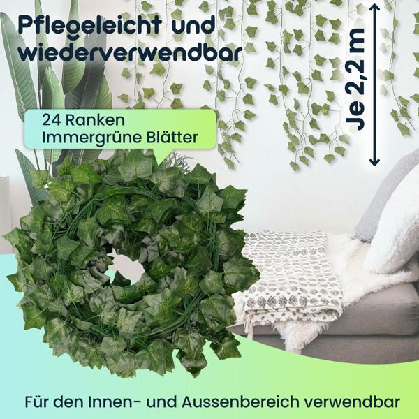 Efeu Deko Girlanden, 24er-Set, Kunstoff und Textilfasern, täuschend echt, jeweils 2,2 m Länge und 81 Blätter zur stilvollen Wanddekoration
