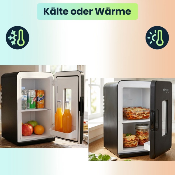 Mobiler Mini Kühlschrank 14L mit Kühl- und Wärmfunktion - Kleiner Auto Kühlschrank 12V 230V, Mini Fridge mit Sichtfenster & Tragegriff, Schwarz