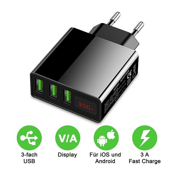 Intelligentes 3-Port USB-A Netzteil, schwarz, schnelles Laden mit LED-Anzeige, kompakt & leistungsstark, für iPhone, iPad, Samsung, Huawei, Kameras