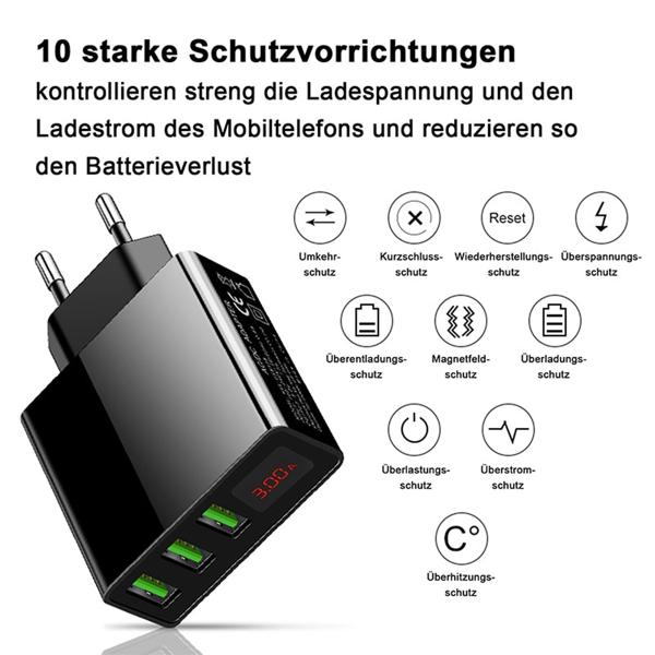 Intelligentes 3-Port USB-A Netzteil, schwarz, schnelles Laden mit LED-Anzeige, kompakt & leistungsstark, für iPhone, iPad, Samsung, Huawei, Kameras