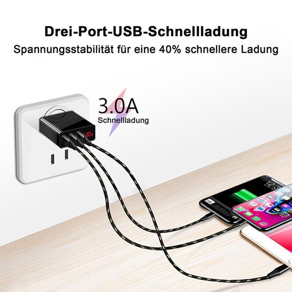 Intelligentes 3-Port USB-A Netzteil, schwarz, schnelles Laden mit LED-Anzeige, kompakt & leistungsstark, für iPhone, iPad, Samsung, Huawei, Kameras
