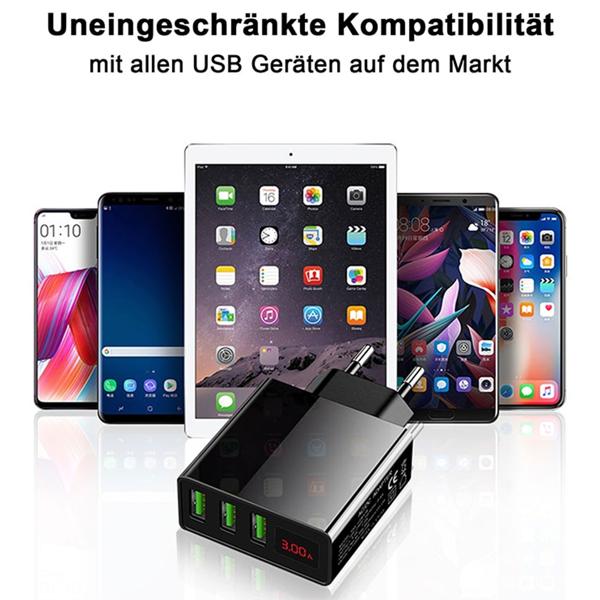 Intelligentes 3-Port USB-A Netzteil, schwarz, schnelles Laden mit LED-Anzeige, kompakt & leistungsstark, für iPhone, iPad, Samsung, Huawei, Kameras