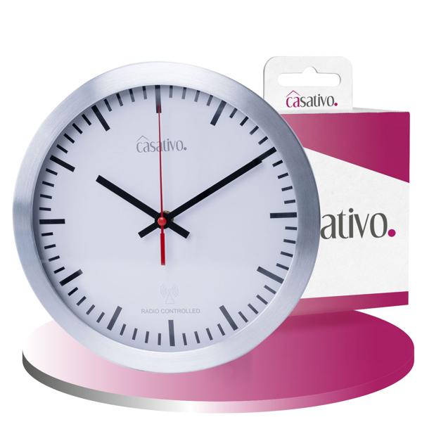 Funk-Wanduhr Ø 25cm aus Aluminium & Glas – Geräuscharme, automatische Wanduhr mit DCF-Empfang für Wohnzimmer & Büro