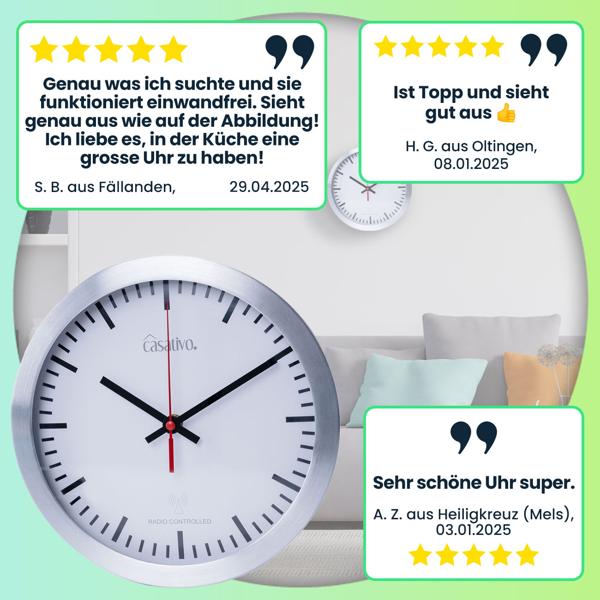 Funk-Wanduhr Ø 25cm aus Aluminium & Glas – Geräuscharme, automatische Wanduhr mit DCF-Empfang für Wohnzimmer & Büro