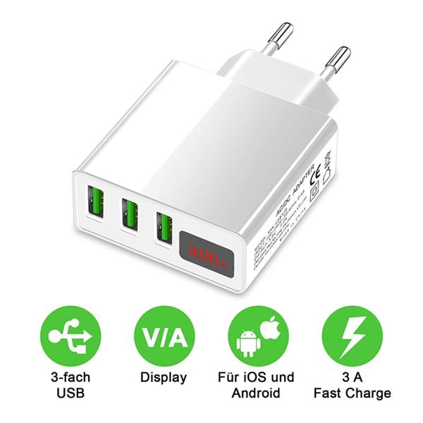 2er-Set Intelligentes 3-Port USB-Ladegerät mit LED-Anzeige, weiss - Schnellladefunktion, Überstromschutz - Kompatibel mit Windows, Android, iOS
