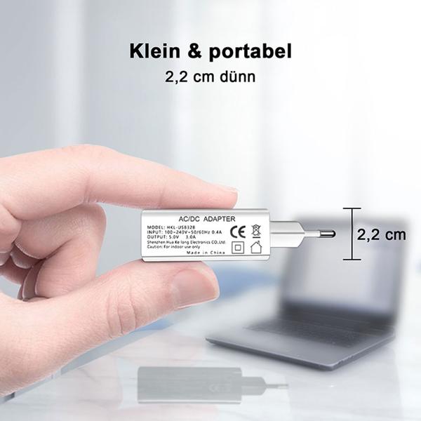 2er-Set Intelligentes 3-Port USB-Ladegerät mit LED-Anzeige, weiss - Schnellladefunktion, Überstromschutz - Kompatibel mit Windows, Android, iOS