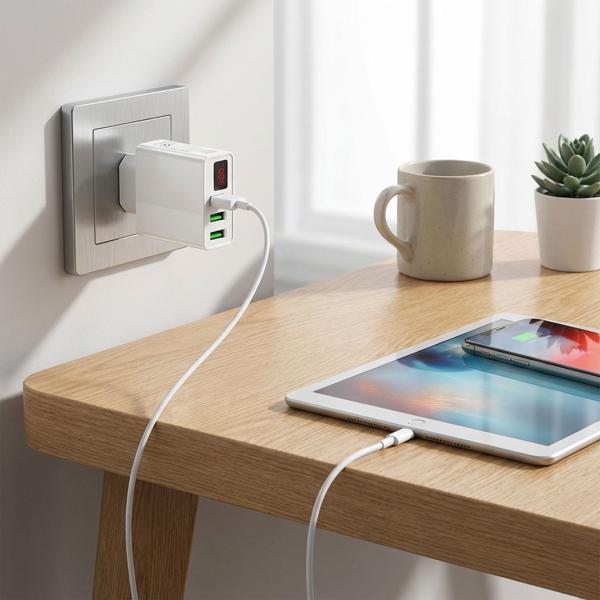 Smartes USB-A Ladegerät 3 Ports mit LED Display in Weiss – Leistungsstark, Kompakt, Universell & Zuverlässig