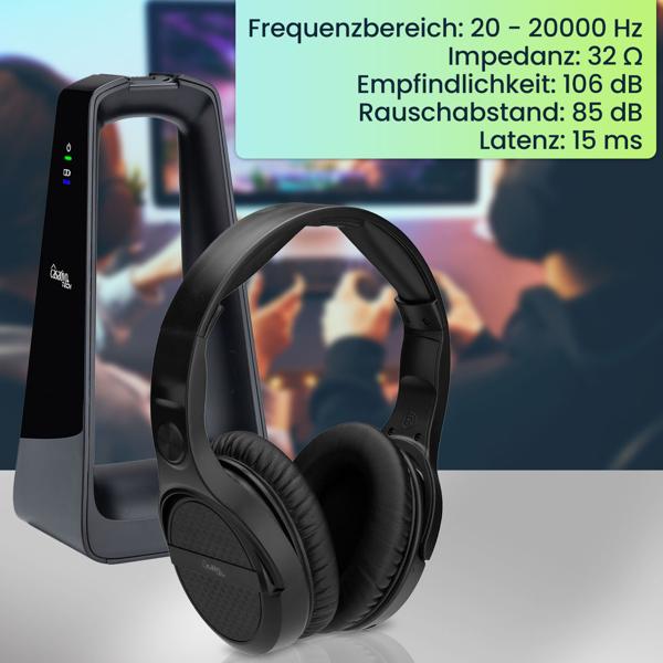 Digitaler Stereo-Funk-Kopfhörer mit 2-in-1 Funk- & Ladestation – kabellos, 30 m Reichweite, kristallklarer Sound, bequem & leicht, schwarz