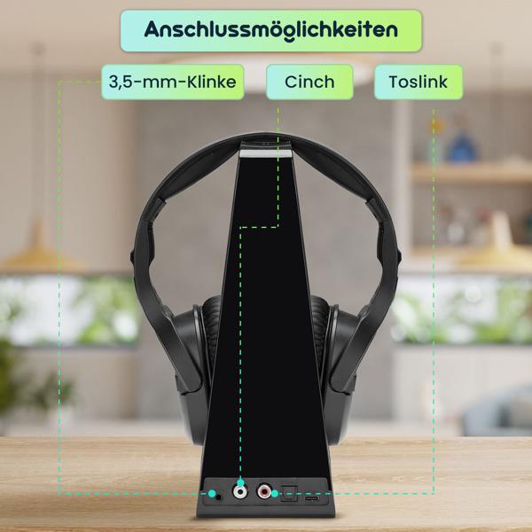 Digitaler Stereo-Funk-Kopfhörer mit 2-in-1 Funk- & Ladestation – kabellos, 30 m Reichweite, kristallklarer Sound, bequem & leicht, schwarz
