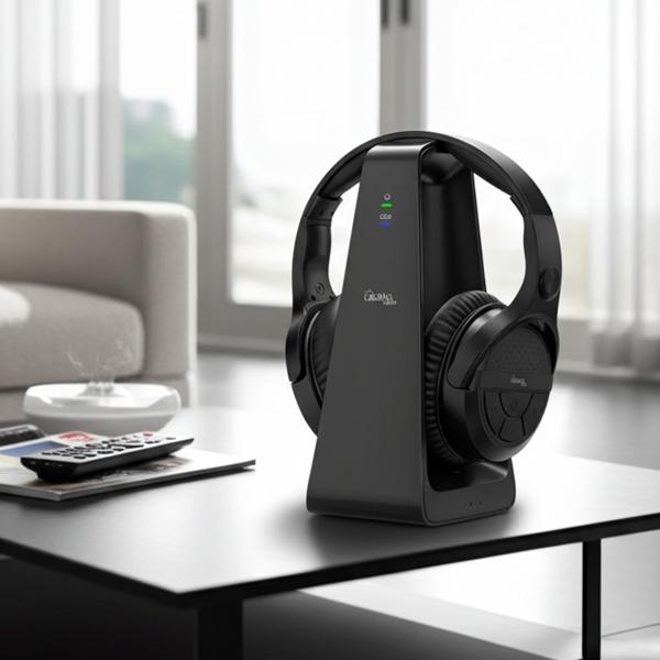 Digitaler Stereo-Funk-Kopfhörer mit 2-in-1 Funk- & Ladestation – kabellos, 30 m Reichweite, kristallklarer Sound, bequem & leicht, schwarz