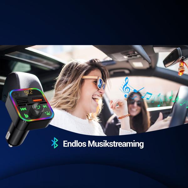 FM Transmitter mit Bluetooth 5, USB-A Ladeports und Freisprechfunktion, Drahtloser Auto Radio Adapter m. Media Player für den Zigarettenanzünderanschluss