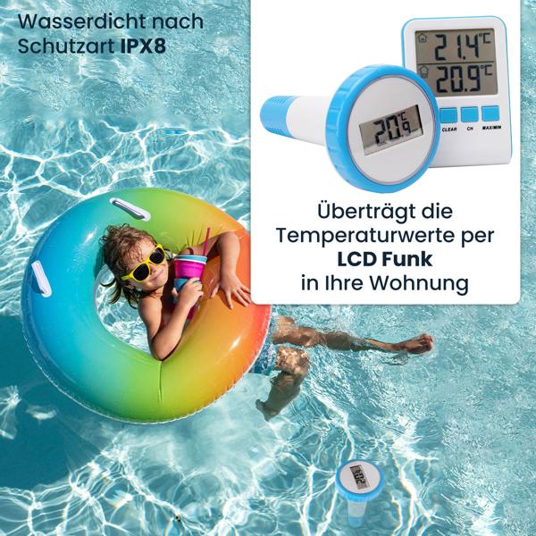 Digitales Funk-Poolthermometer - Präziser IPX8 Sender, grosse LCD-Basisstation - Wassertemperatur Pool/Teich - bis zu 3 Thermometer, -20 bis +60 °C