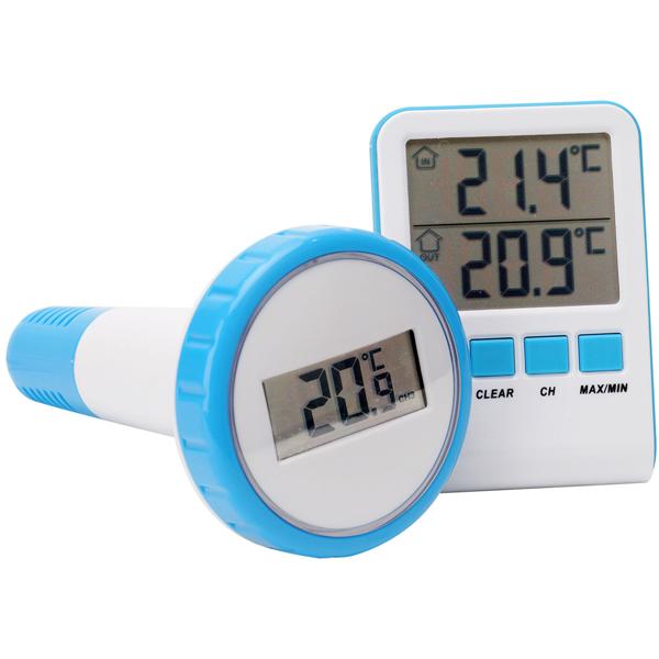 2er-Set Digitales Funk-Poolthermometer mit LCD-Basisstation - Präziser IPX8 Sender für Teich & Pool - Funk-Reichweite 60m - 433 MHz - Bis zu 3 Thermometer