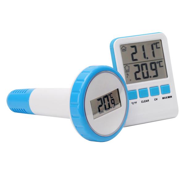 2er-Set Digitales Funk-Poolthermometer mit LCD-Basisstation - Präziser IPX8 Sender für Teich & Pool - Funk-Reichweite 60m - 433 MHz - Bis zu 3 Thermometer