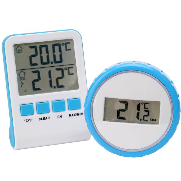2er-Set Digitales Funk-Poolthermometer mit LCD-Basisstation - Präziser IPX8 Sender für Teich & Pool - Funk-Reichweite 60m - 433 MHz - Bis zu 3 Thermometer
