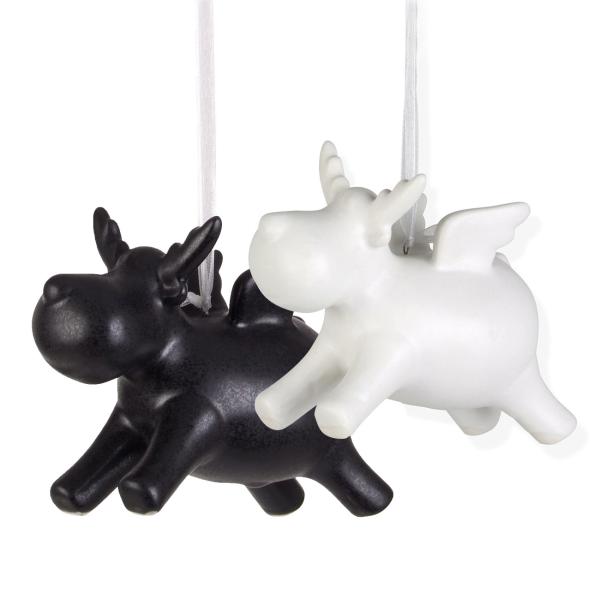 2er-Set Deko Rentier aus Porzellan - Weihnachtsdeko zum Aufhängen - Schwarz & Weiss, je 12,5 x 6 x 9 cm - Langlebig, stilvoll & charmant