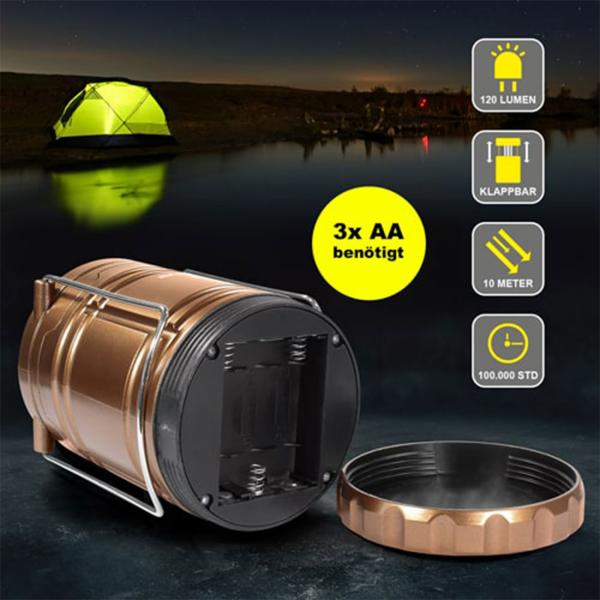 Ausklappbare LED-Campinglaterne, Kupfer-Metallic, 30 LEDs, 120 Lumen – Kompakte & tragbare Laterne mit Tragebügel für Camping & Outdoor