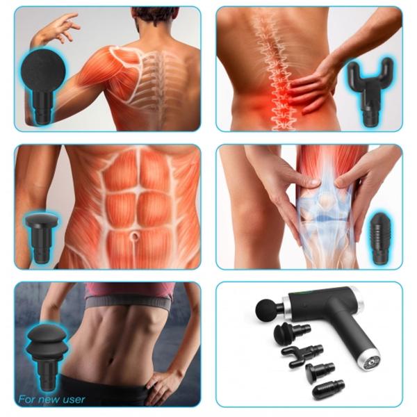 Kraftvolle Massagepistole mit Akku, 6 Stufen & 5 Köpfen: (24x18x6cm), schwarz-silber, hochwertiges Massagegerät für Tiefenmuskelentspannung