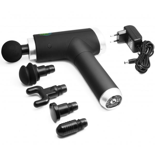 Kraftvolle Massagepistole mit Akku, 6 Stufen & 5 Köpfen: (24x18x6cm), schwarz-silber, hochwertiges Massagegerät für Tiefenmuskelentspannung