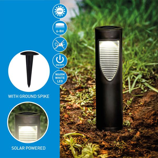 Solar-LED-Wegeleuchte mit Erdspiess - Gartenleuchte für Balkon, Terrasse & Camping - 8x31 cm, schwarz, 8h Leuchtdauer, NiMH-Akku