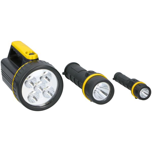 Praktisches LED-Taschenlampen 3er-Set (1/3/5W), schwarz-gelb – Vielseitige Helfer für Haus, Auto & Outdoor