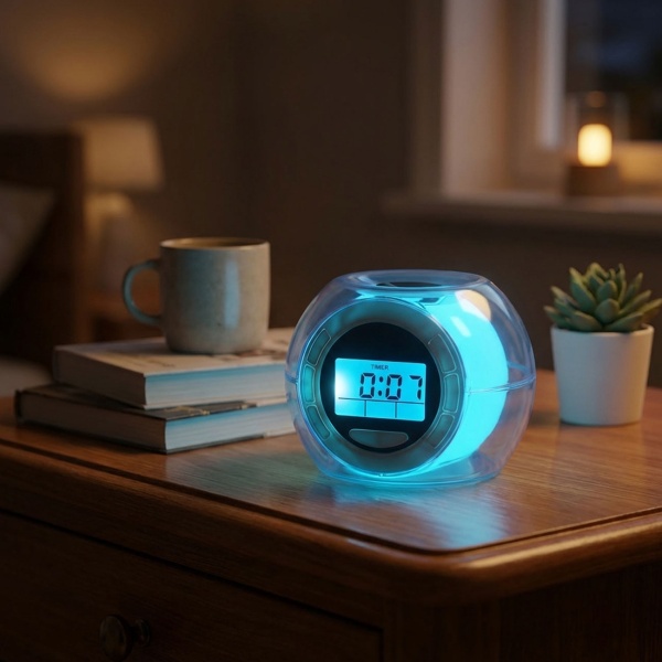 Tischwecker - LED-Beleuchtung, Farbwechsel & Naturgeräusche - Uhr, Datum, Weckfunktion, Innentemperaturanzeige - Kompakt, weiss/transparent