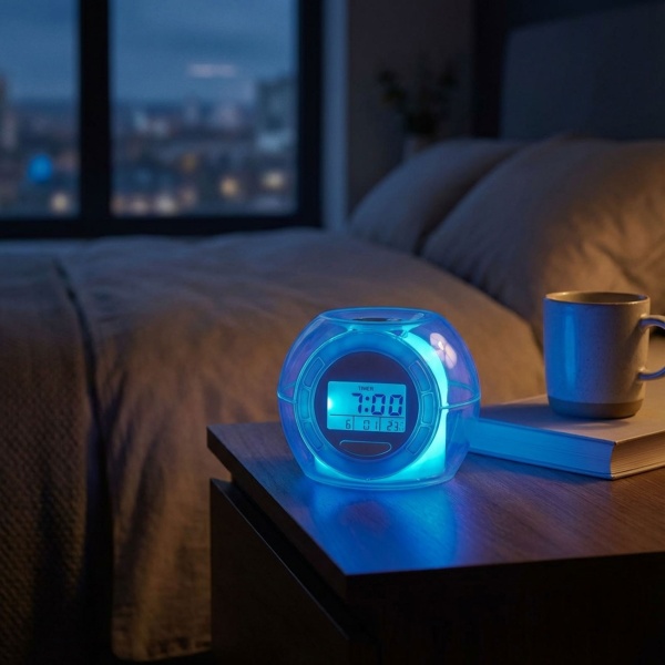 Tischwecker - LED-Beleuchtung, Farbwechsel & Naturgeräusche - Uhr, Datum, Weckfunktion, Innentemperaturanzeige - Kompakt, weiss/transparent