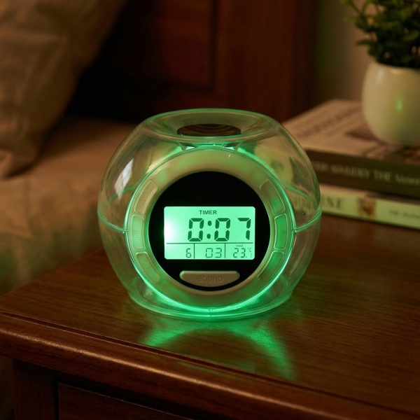 Tischwecker - LED-Beleuchtung, Farbwechsel & Naturgeräusche - Uhr, Datum, Weckfunktion, Innentemperaturanzeige - Kompakt, weiss/transparent