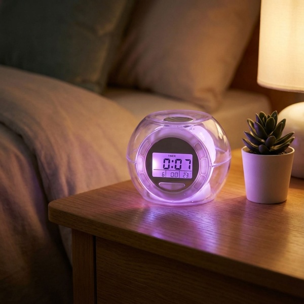 Tischwecker - LED-Beleuchtung, Farbwechsel & Naturgeräusche - Uhr, Datum, Weckfunktion, Innentemperaturanzeige - Kompakt, weiss/transparent