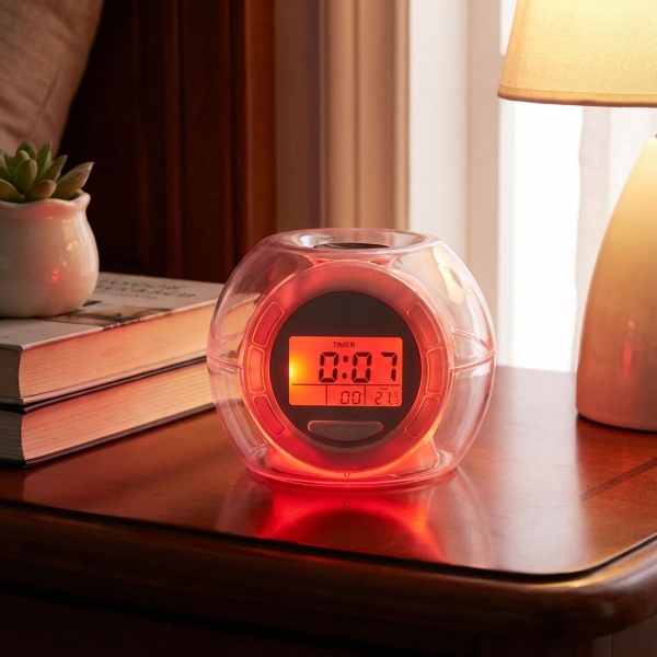 Tischwecker - LED-Beleuchtung, Farbwechsel & Naturgeräusche - Uhr, Datum, Weckfunktion, Innentemperaturanzeige - Kompakt, weiss/transparent