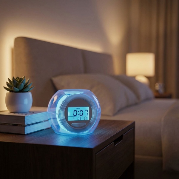 Tischwecker - LED-Beleuchtung, Farbwechsel & Naturgeräusche - Uhr, Datum, Weckfunktion, Innentemperaturanzeige - Kompakt, weiss/transparent