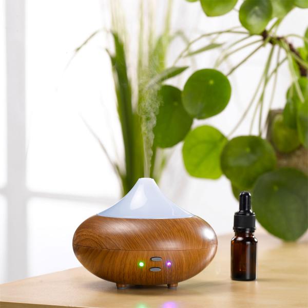 Aroma-Diffusor mit 7 LEDs - Luftbefeuchter in Holz-Optik - Fördert Entspannung & besseres Raumklima - Braun/Weiss Ø 13x10cm - Für ätherische Öle