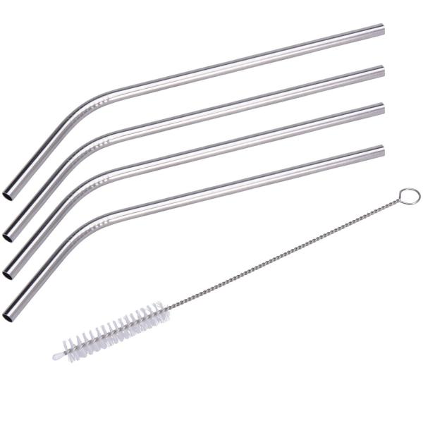 Edelstahl-Trinkhalme 4er Set - Wiederverwendbar & Spülmaschinenfest - Gebogene Form, Ø 6 x 215 mm inkl. Reinigungsbürste - Für Cocktails & Säfte